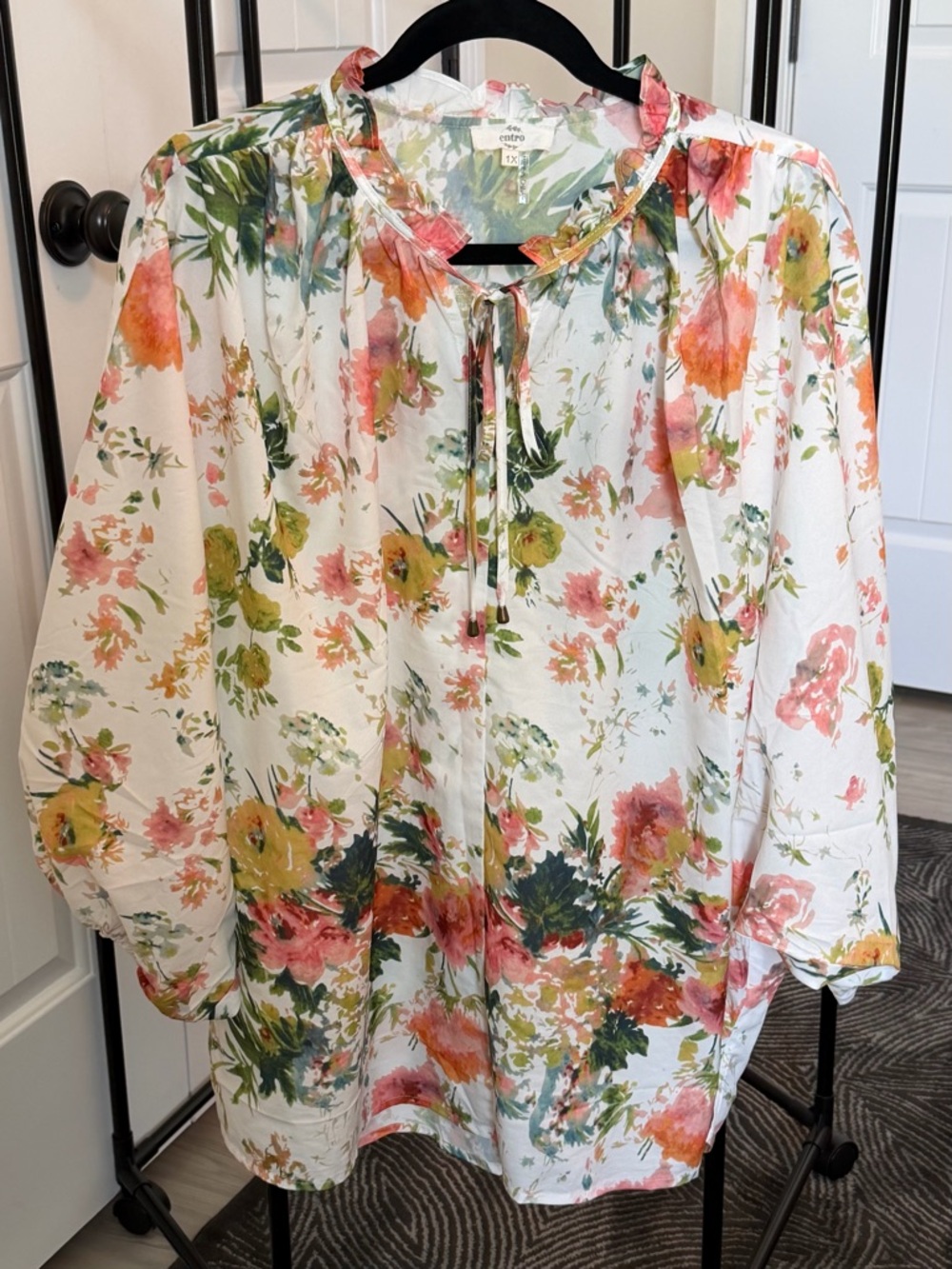 entro White Floral Tie-Neck Blouse with Pink, Yellow and Green Accents